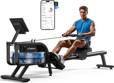 MERACH Remo de agua para el hogar, máquina de remo con resistencia al agua de 15 litros, capacidad de carga de 150 kg, conectividad Bluetooth y aplicación, soporte para iPad, asiento ergonómico